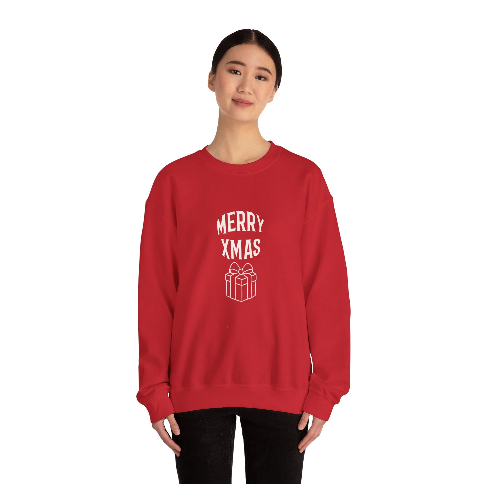 Person wearing a red 'Merry XMAS' sweatshirt with a white graphic on a white background
