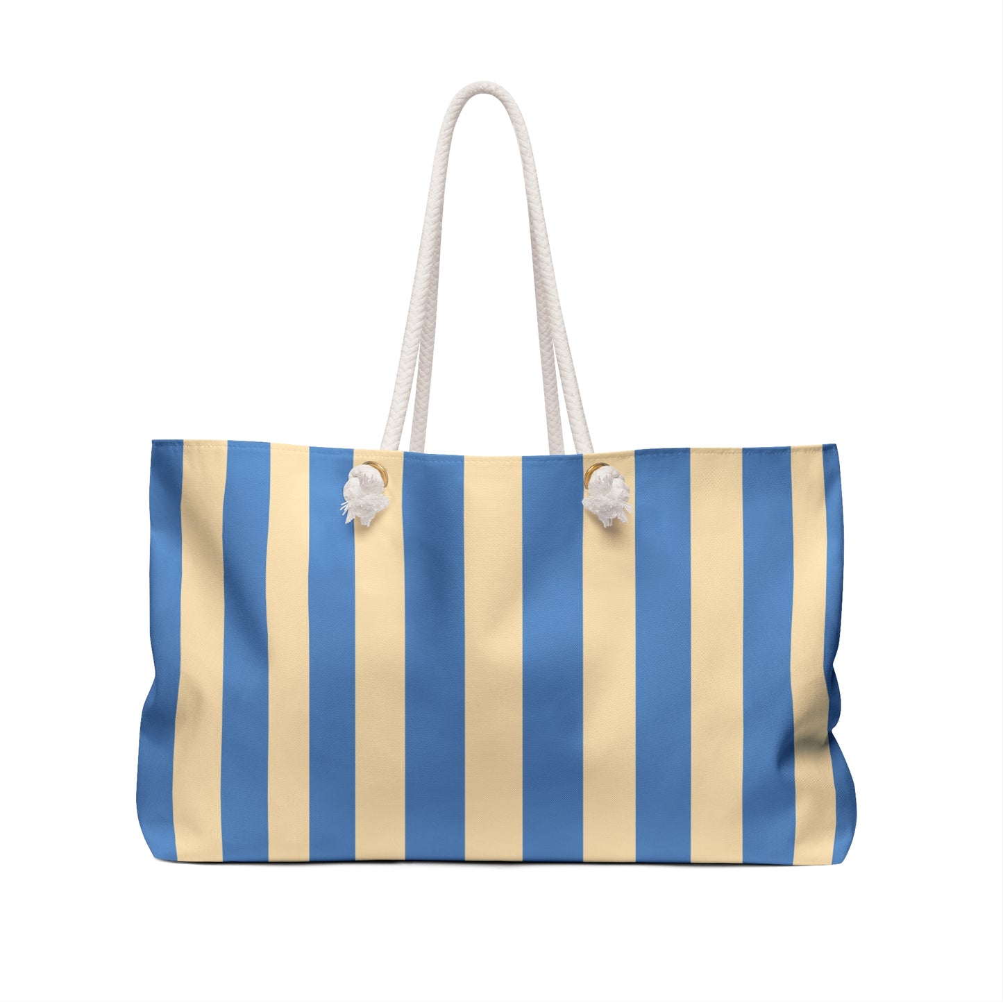 Striped beach bag with blue and beige pattern on a white background