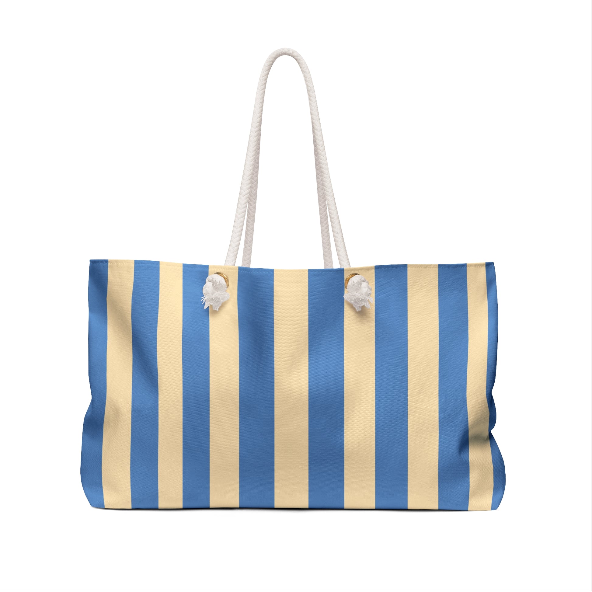 Striped beach bag with blue and beige pattern on a white background