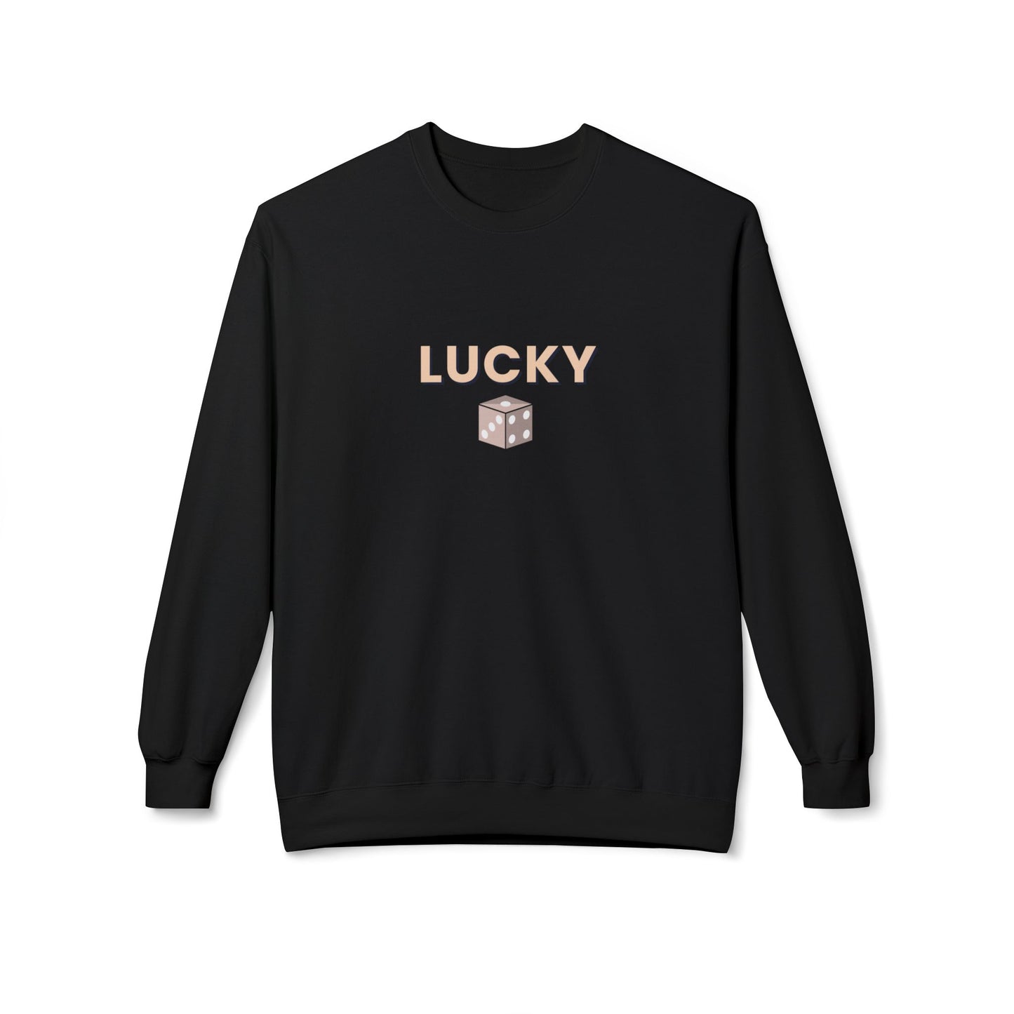 Black sweatshirt with 'LUCKY' and a dice graphic on a white background