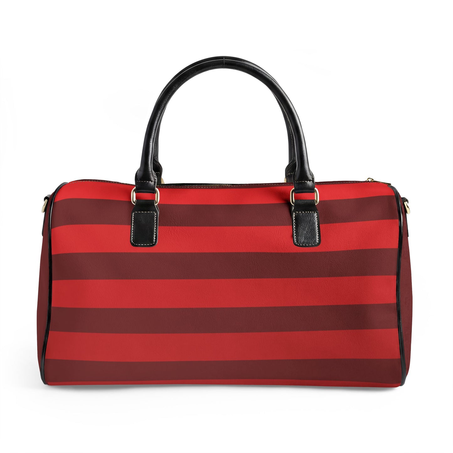 Red and brown striped handbag with black handles on a white background