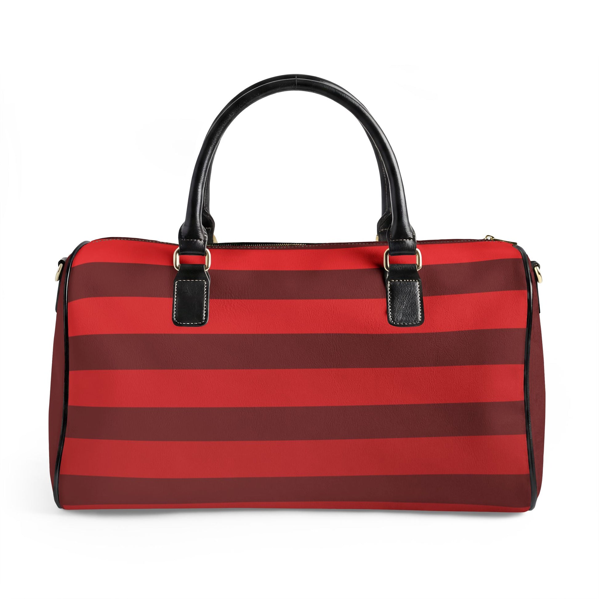 Red and brown striped handbag with black handles on a white background