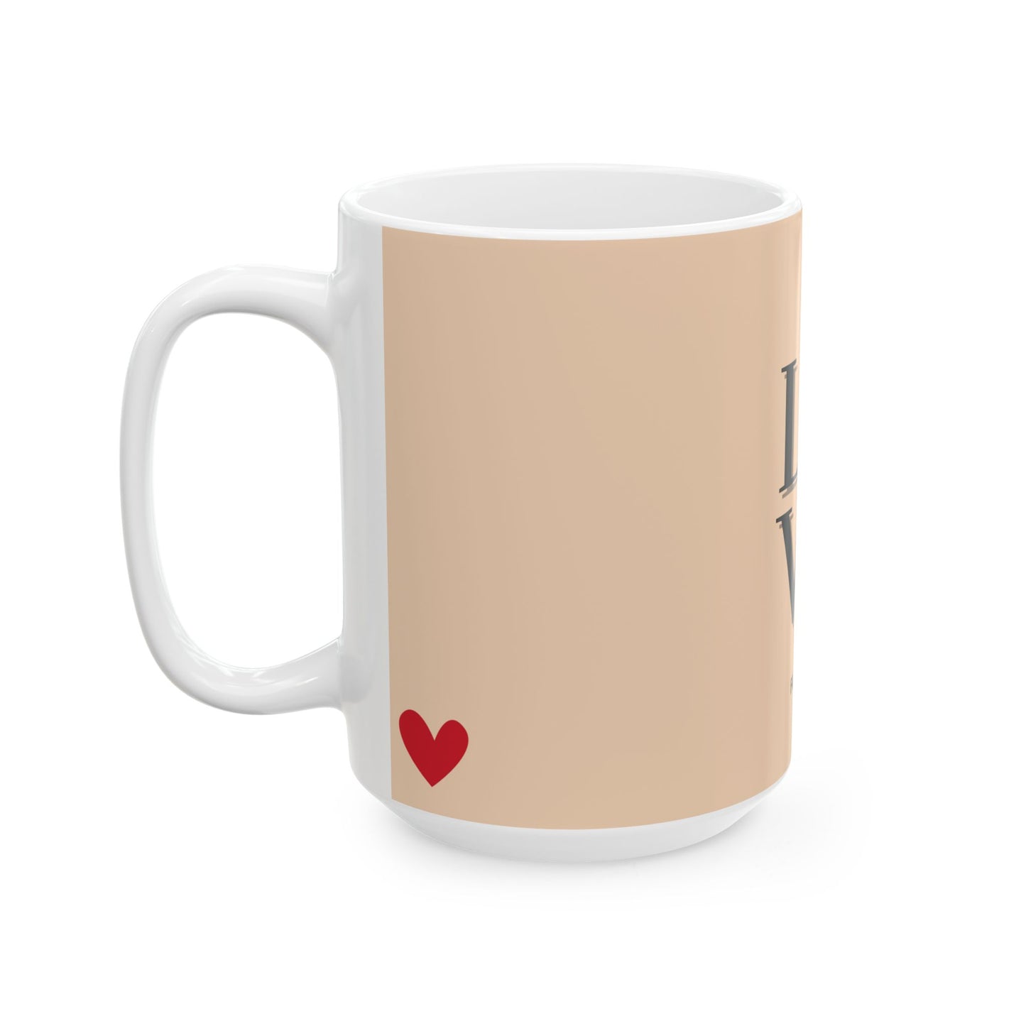 White mug with beige accent and red heart on a white background