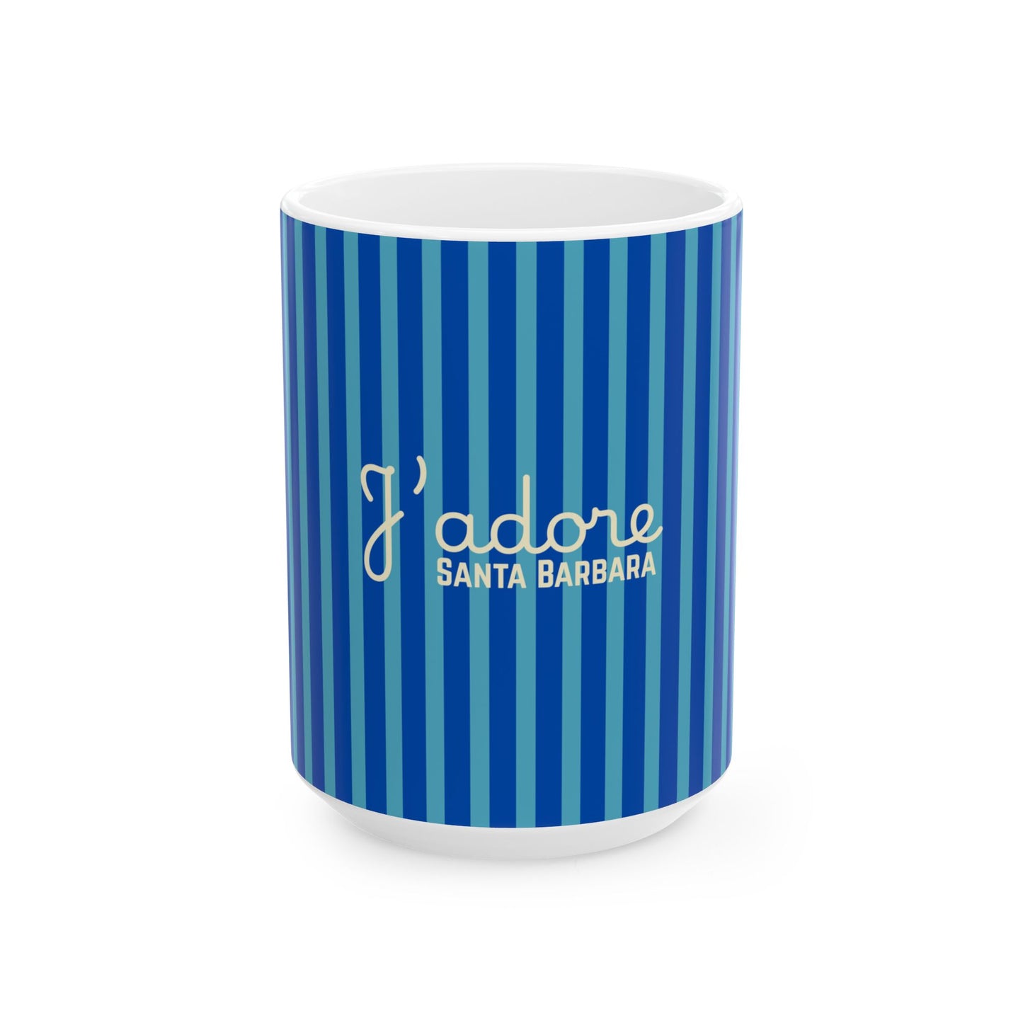 A white ceramic mug with a blue and light blue vertical stripe pattern, featuring the text 'I adore SANTA BARBARA' in white script and block lettering on the front.