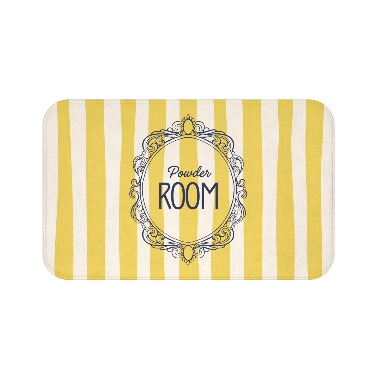 Rectangular doormat with yellow and white stripes and 'Powder Room' text in the center.