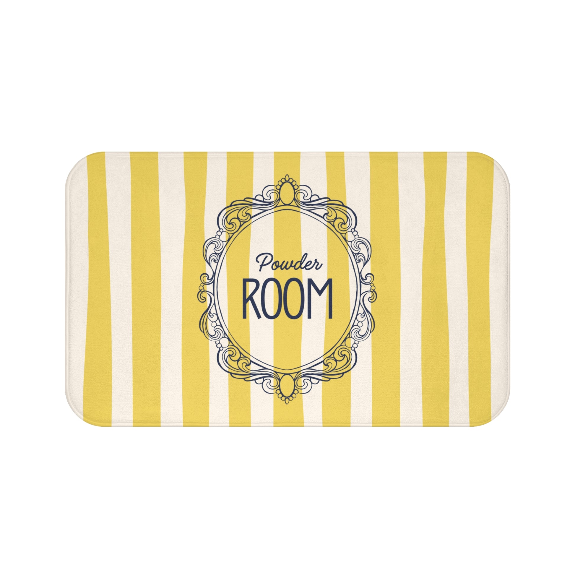 Rectangular doormat with yellow and white stripes and 'Powder Room' text in the center.