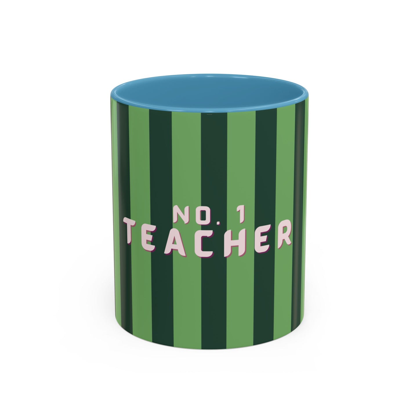 Green striped mug with blue interior and 'No. 1 Teacher' text on a white background