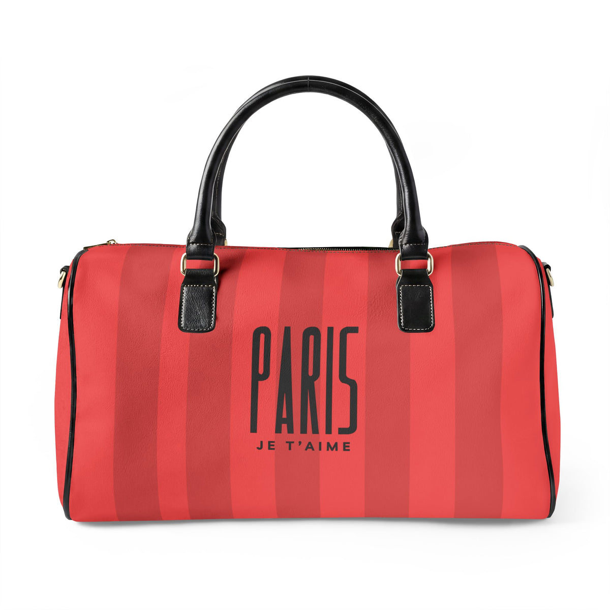 A red and pink vertically striped duffle bag with black handles and gold-tone hardware, featuring the text 'PARIS JE T'AIME' printed on the front.