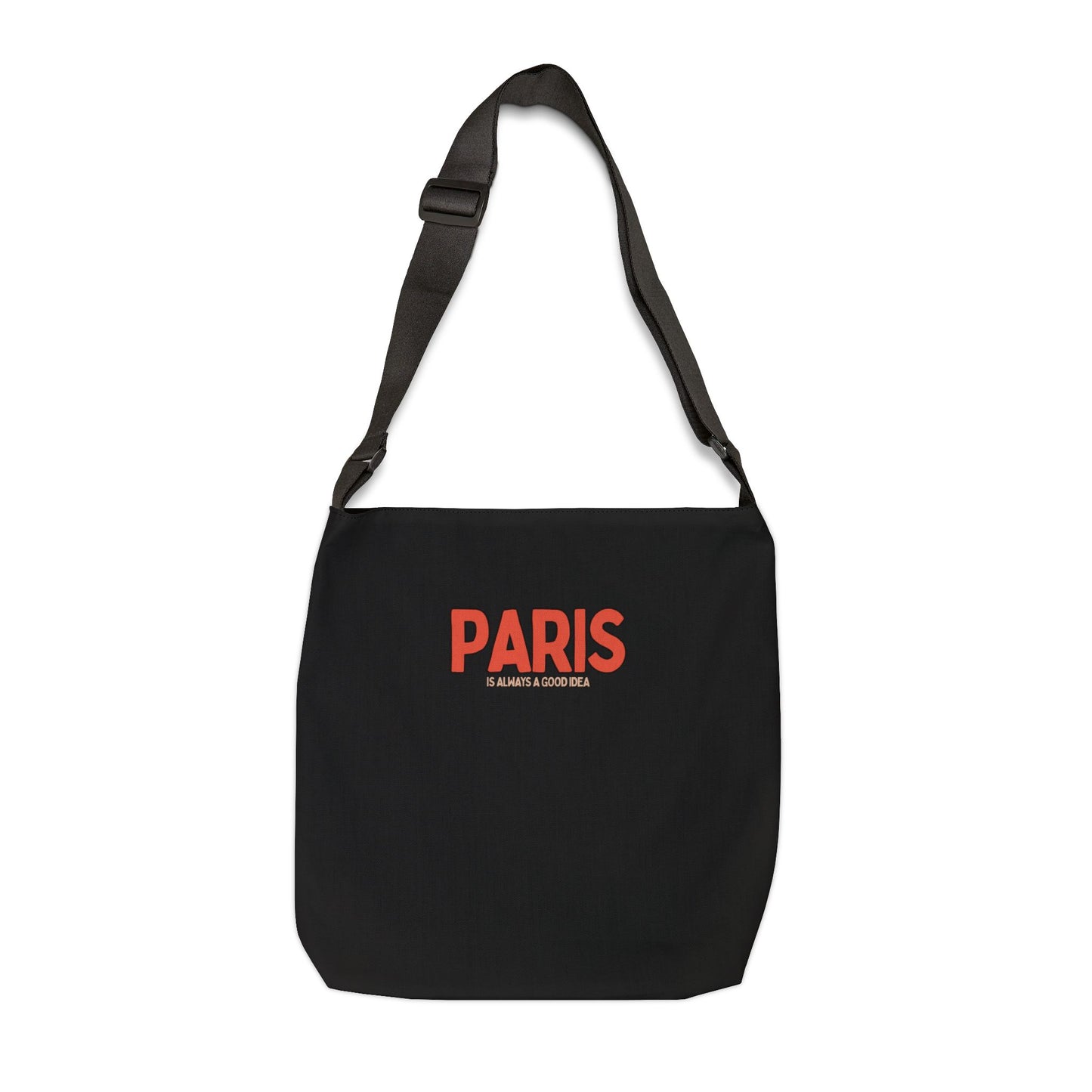 Black bag with 'PARIS is Always a Good Idea' text on a white background