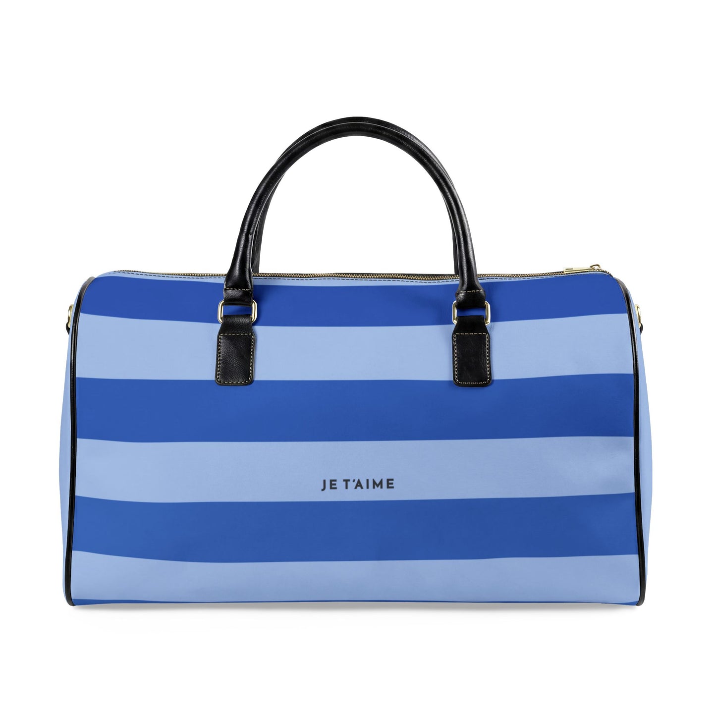Blue and light blue striped bag with black handles on a white background