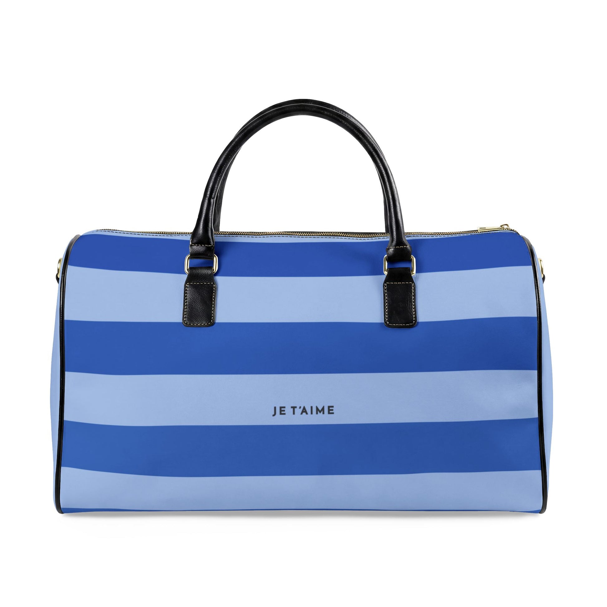 Blue and light blue striped bag with black handles on a white background