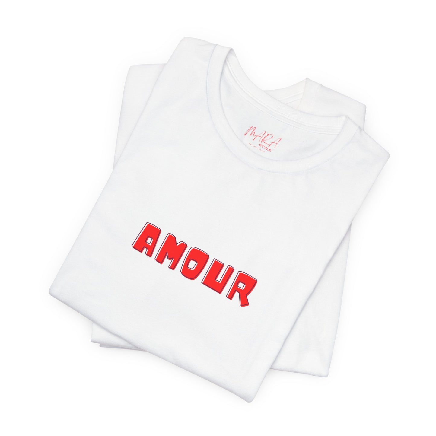 White t-shirt with 'AMOUR' printed in red on a white background