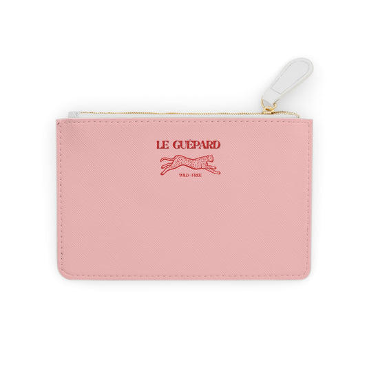 Pink pouch with 'Le Guepard' logo on a white background