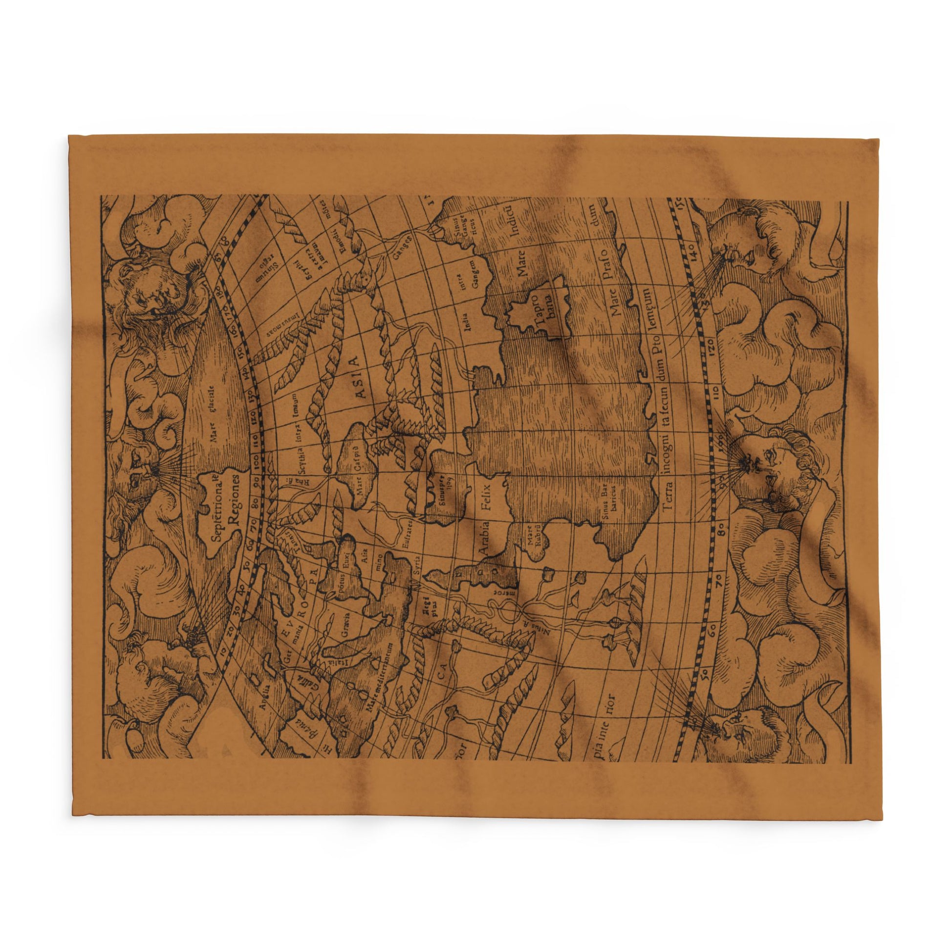 Vintage-style world map on a brown background