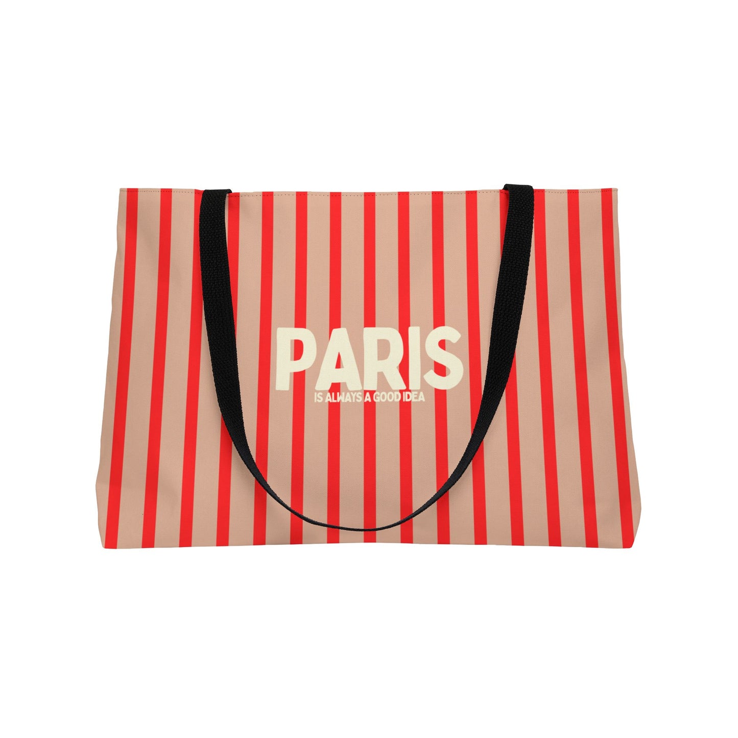 Striped bag with 'PARIS' text on a white background