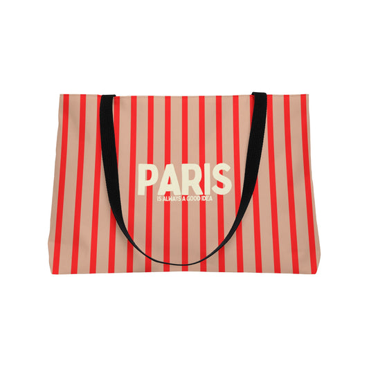 Striped bag with 'PARIS' text on a white background