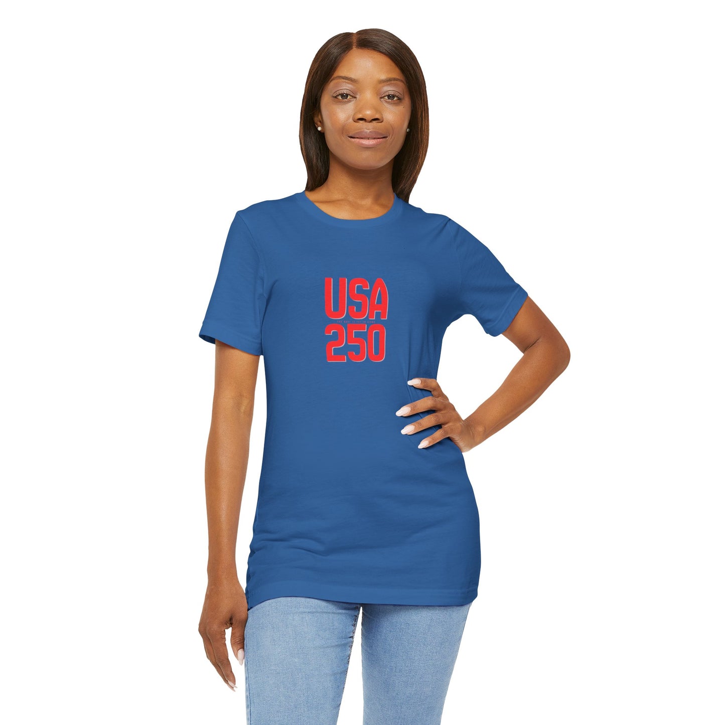 Woman wearing a blue t-shirt with 'USA 250' text on a white background
