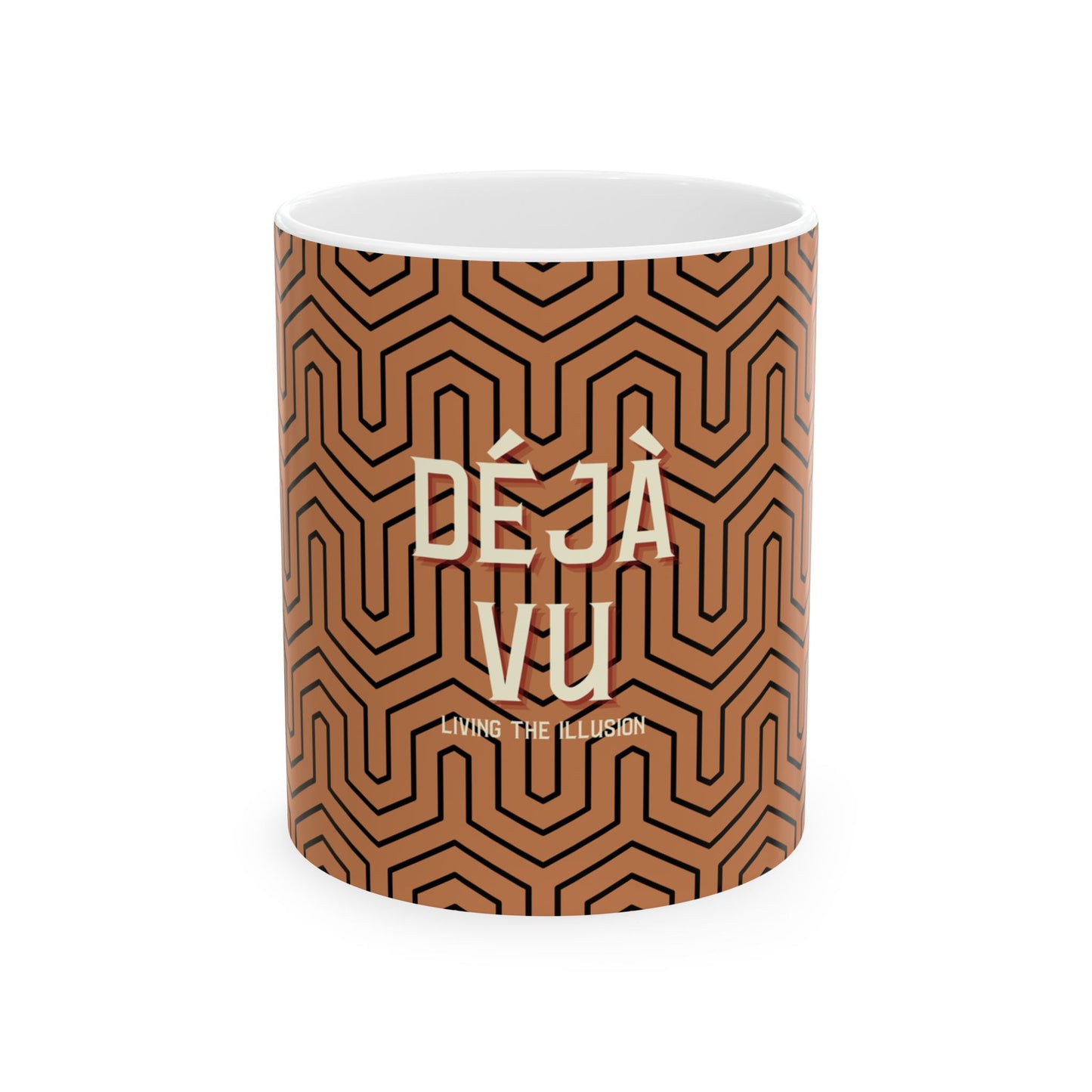 Mug with brown geometric pattern and 'Déj  Vu' text on a white background