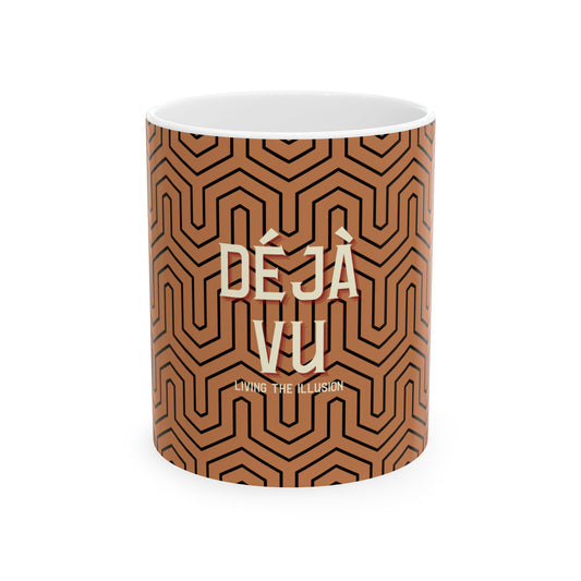 Mug with brown geometric pattern and 'Déj  Vu' text on a white background