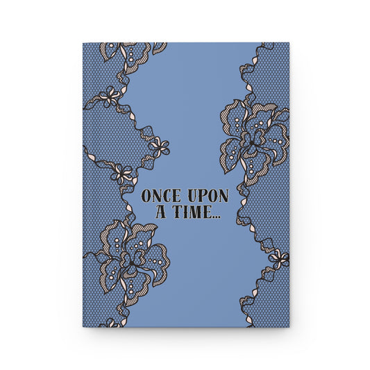 Blue book cover with lace design and 'Once Upon a Time' text on a white background