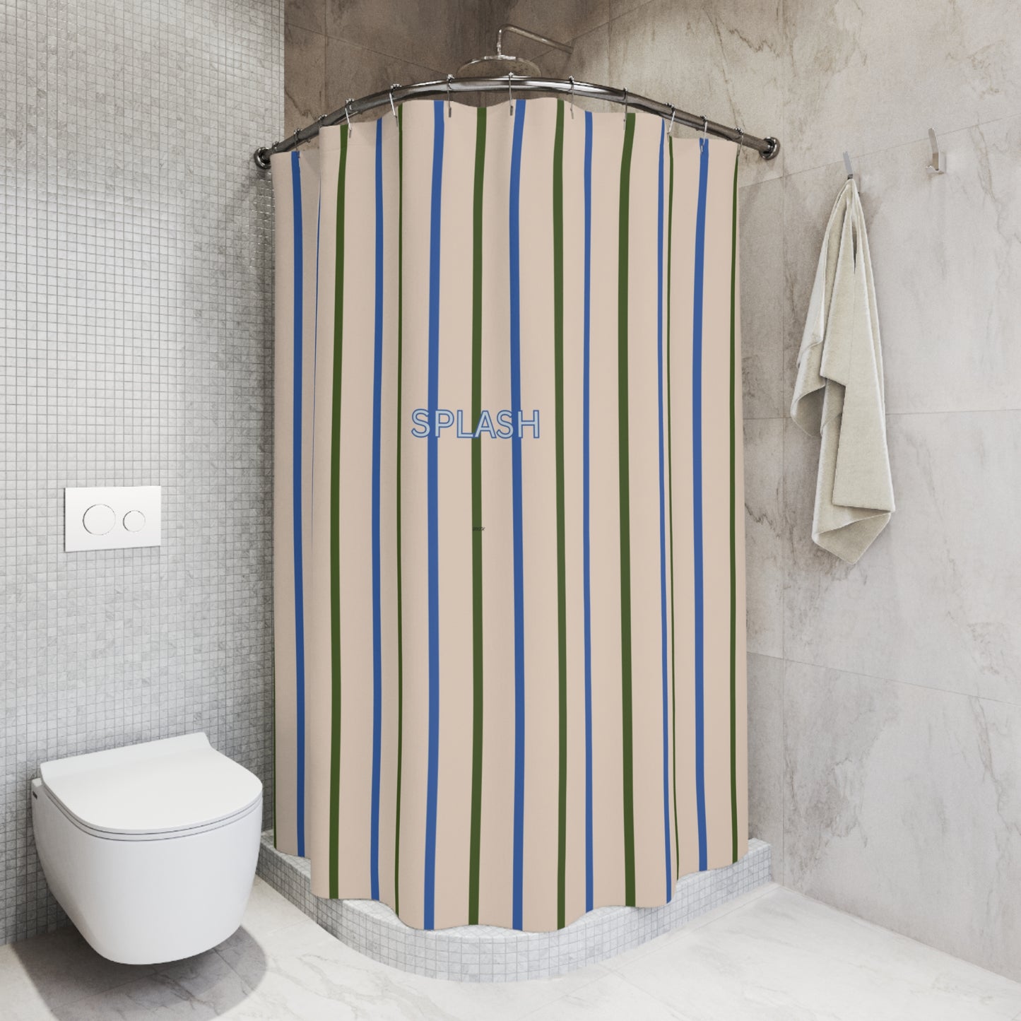 Striped shower curtain in a bathroom with a toilet and towel.