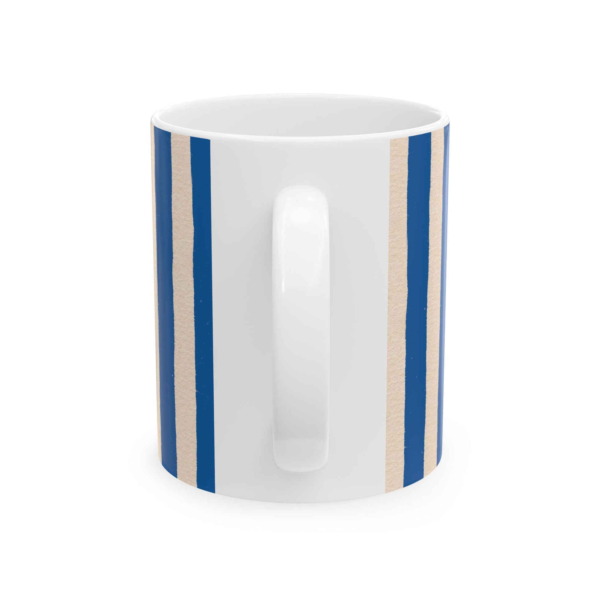 White mug with blue and beige stripes on a white background