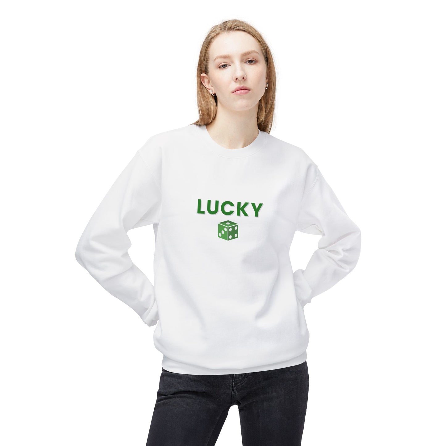 Person wearing a white sweatshirt with 'LUCKY' and a green logo on a white background