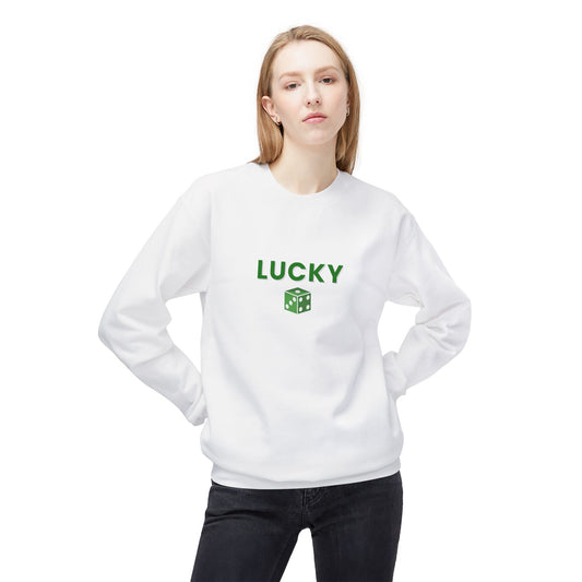 Person wearing a white sweatshirt with 'LUCKY' and a green logo on a white background