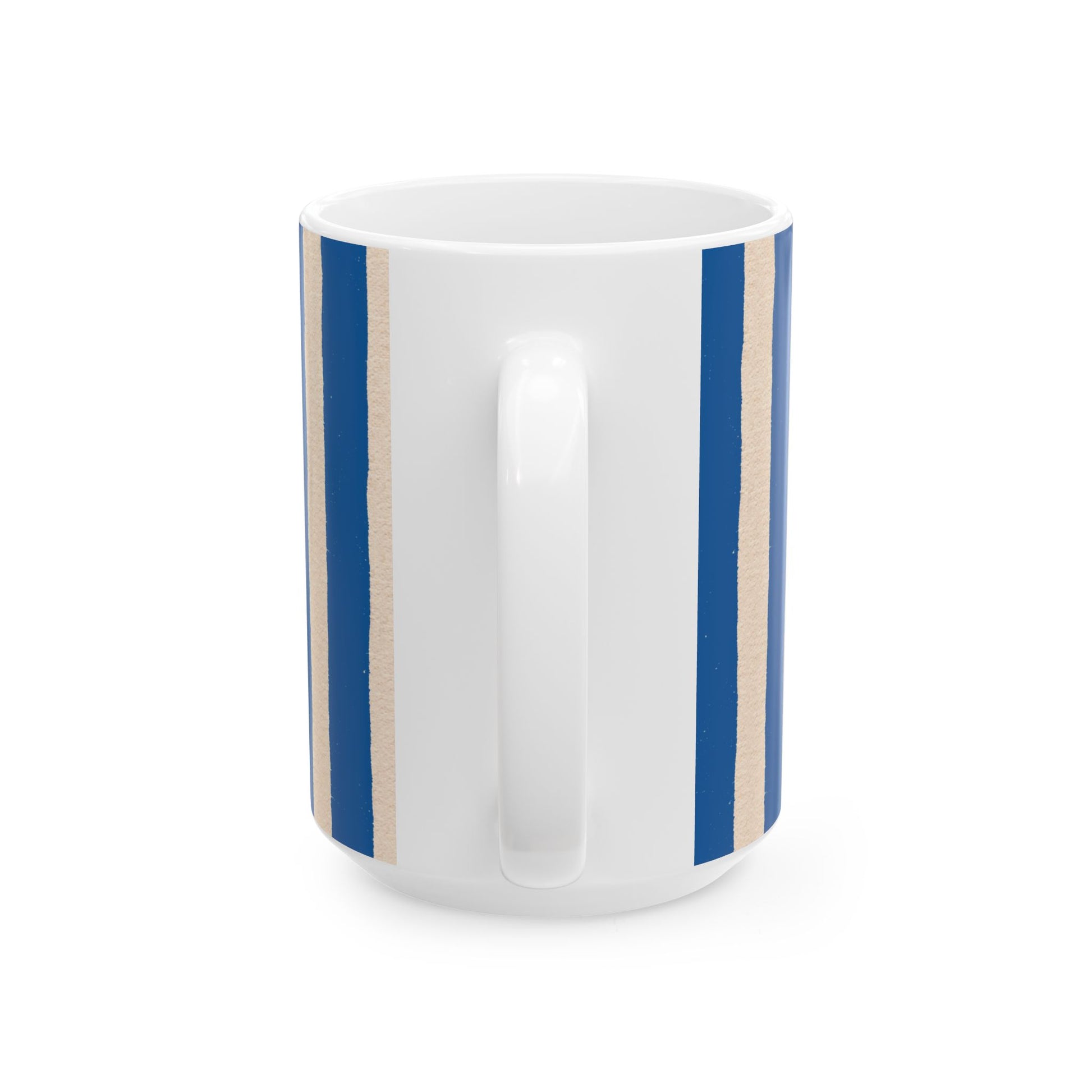 White mug with blue stripes on a white background