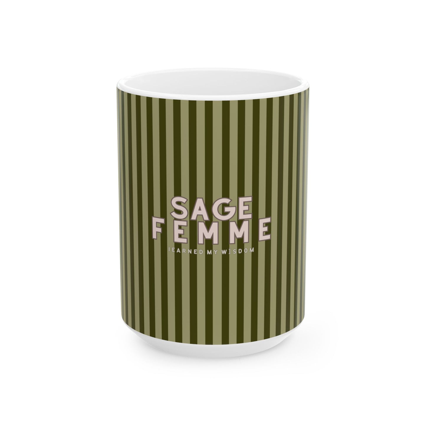 Sage Femme mug with green stripes on a white background