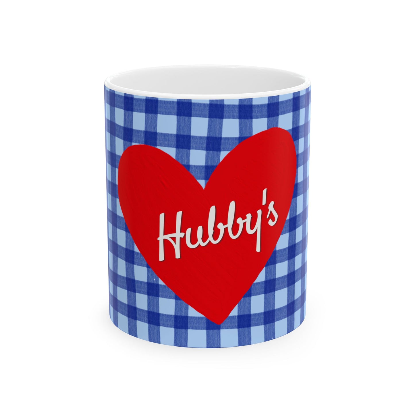A white ceramic mug featuring a blue and light blue gingham check pattern wrap, with a large red heart graphic on the front containing the white script text 'Hubby's'.