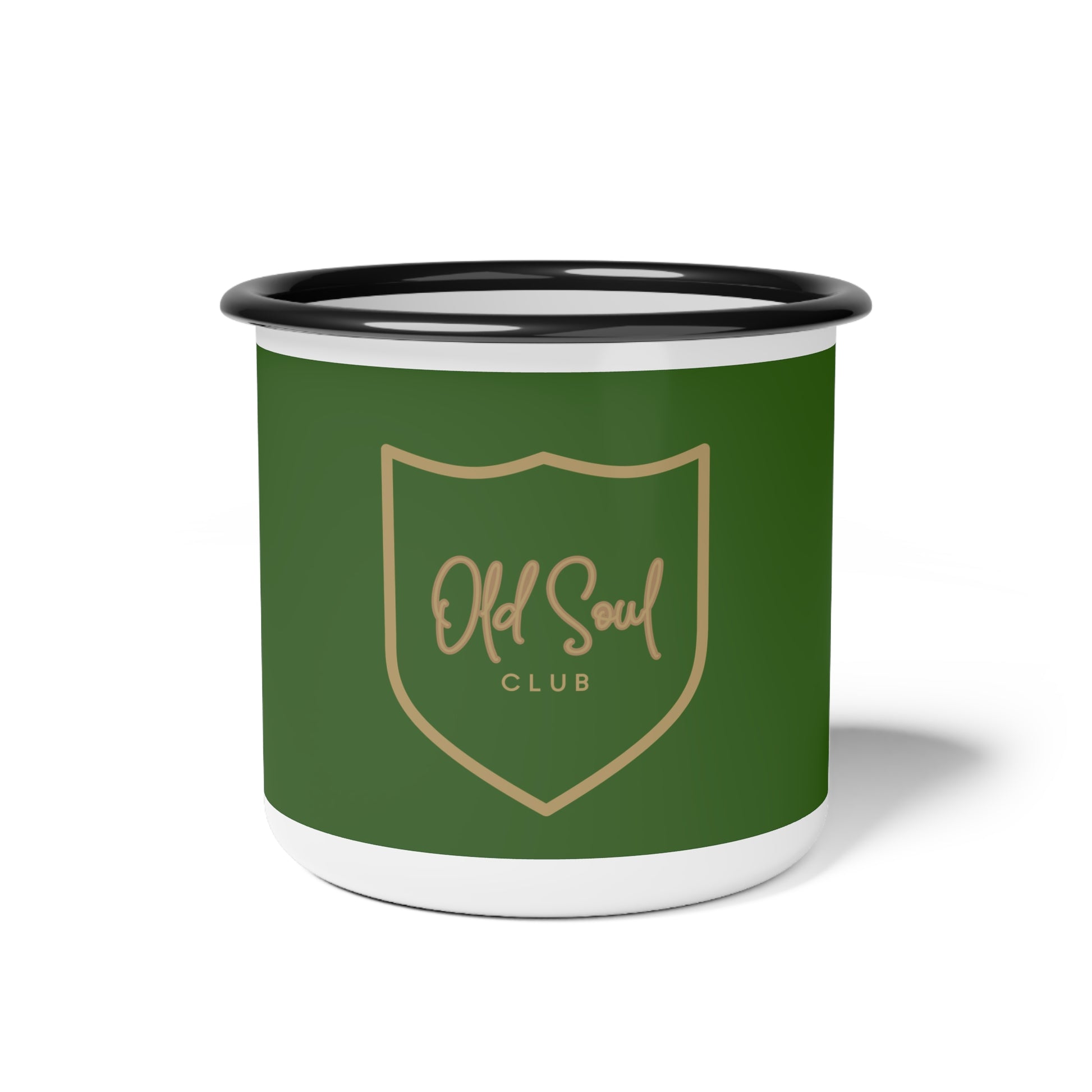 Green enamel mug with 'Old Soul Club' logo on a white background