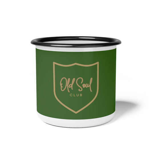 Green enamel mug with 'Old Soul Club' logo on a white background
