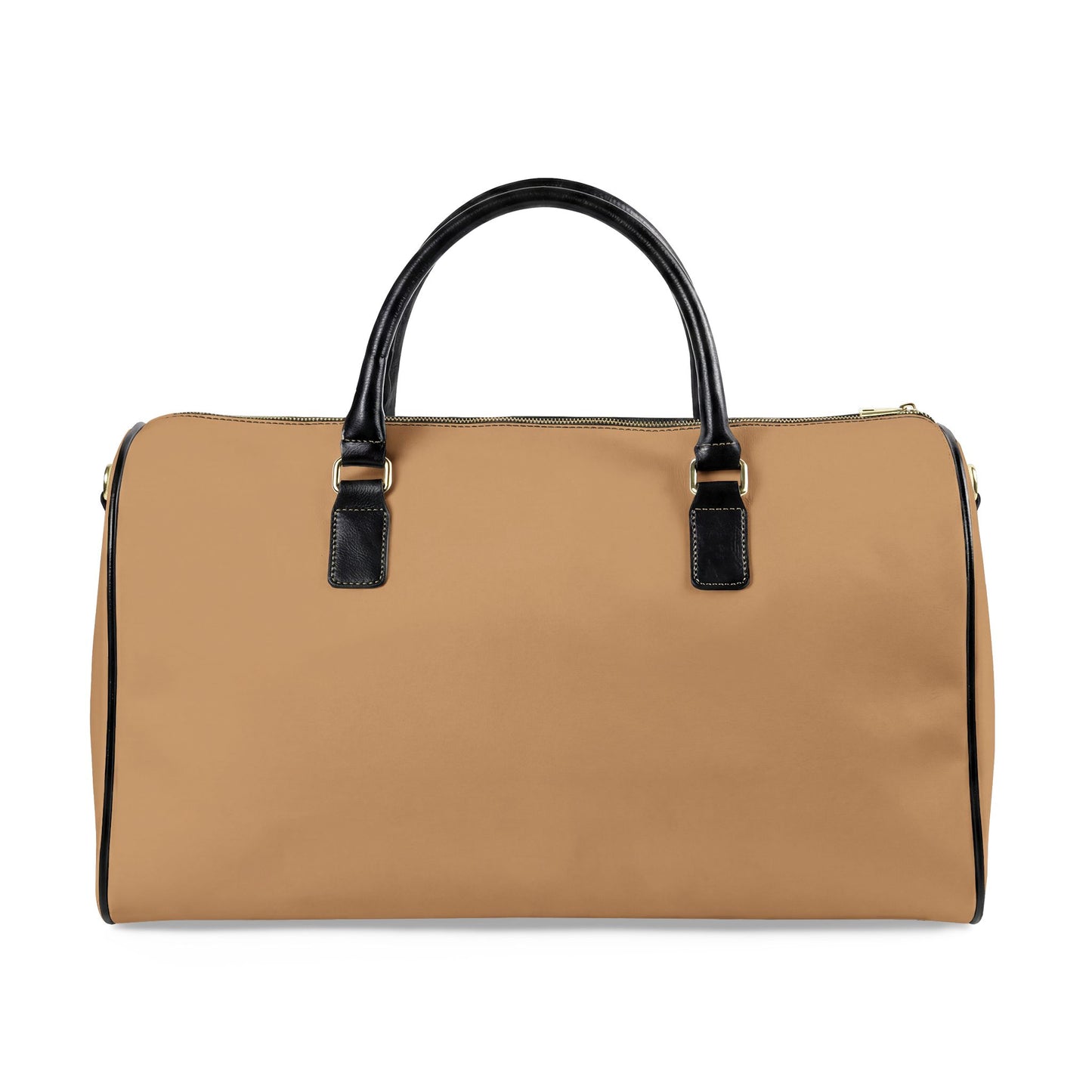 Tan duffel bag with black handles and trim on a white background