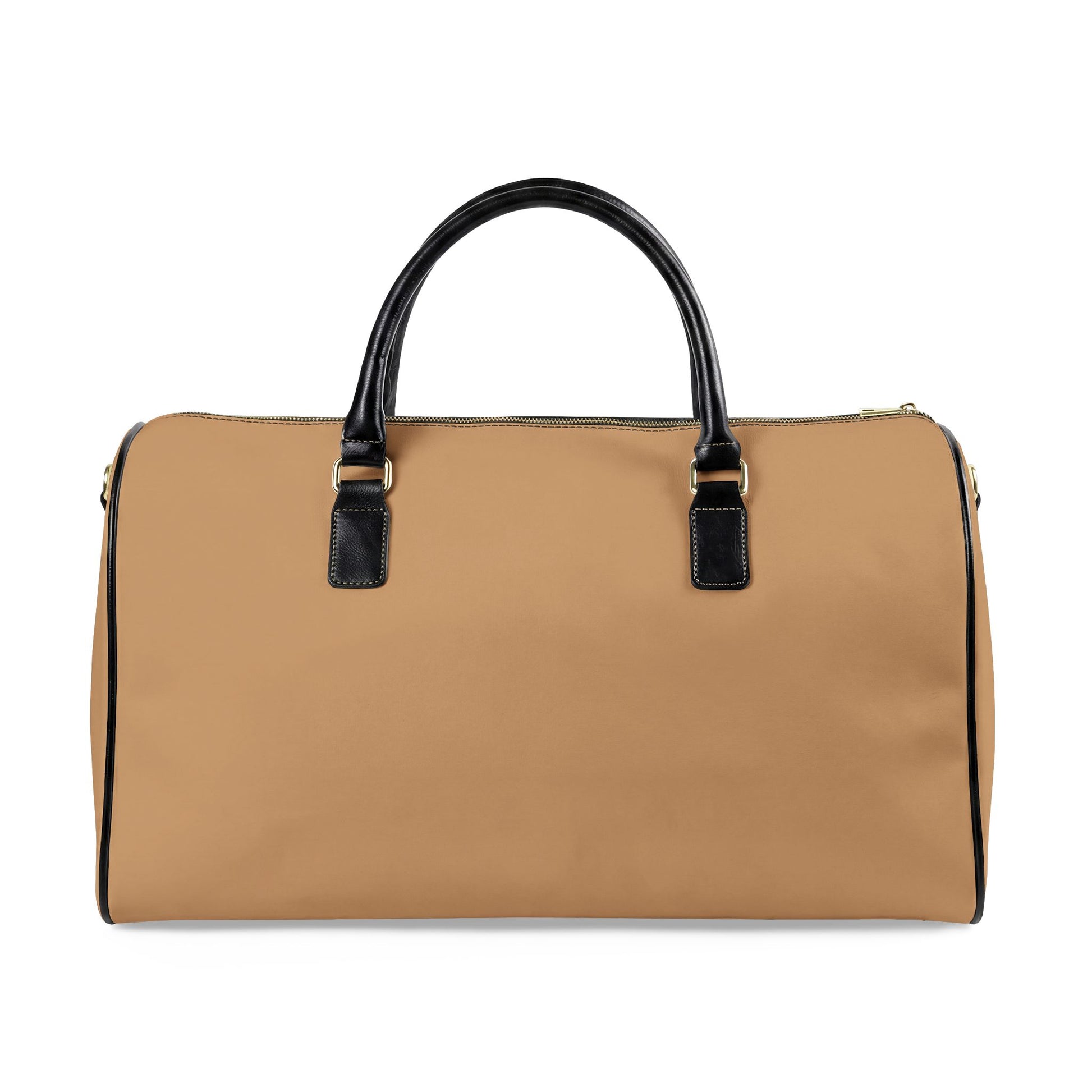 Tan duffel bag with black handles and trim on a white background