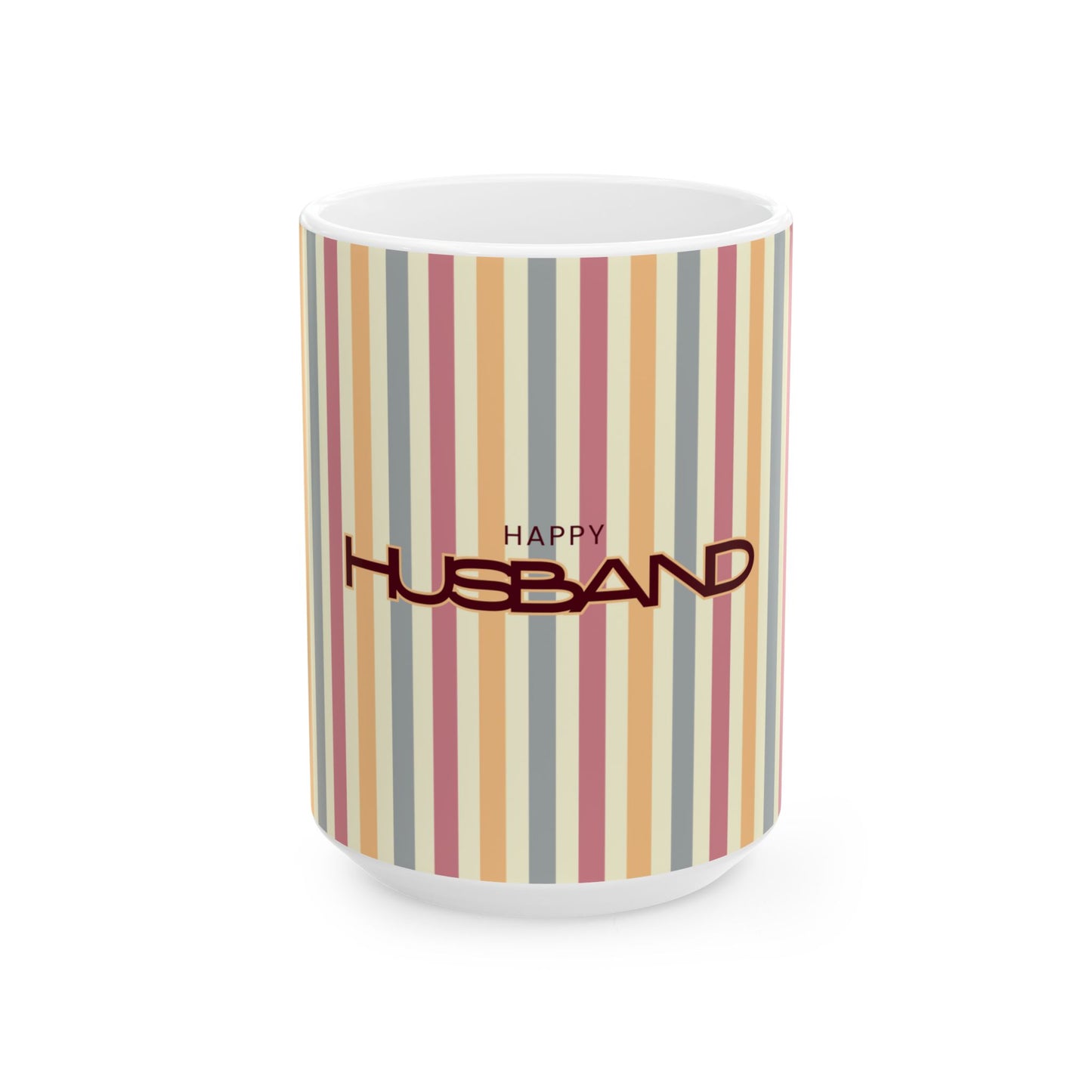 Mug with striped pattern and 'Happy Husband' text on a white background