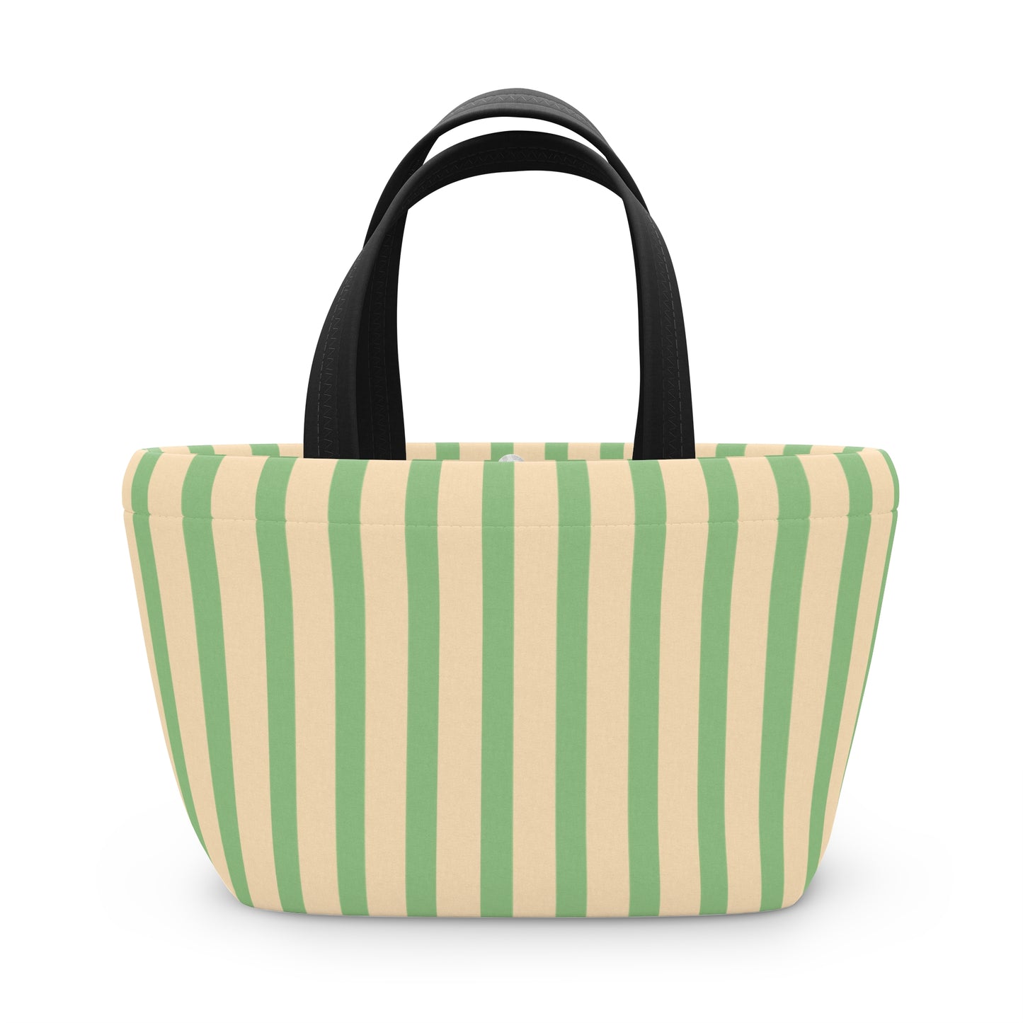 A tote bag with vertical stripes in sage green and cream, featuring black double shoulder straps, shown against a plain white background.