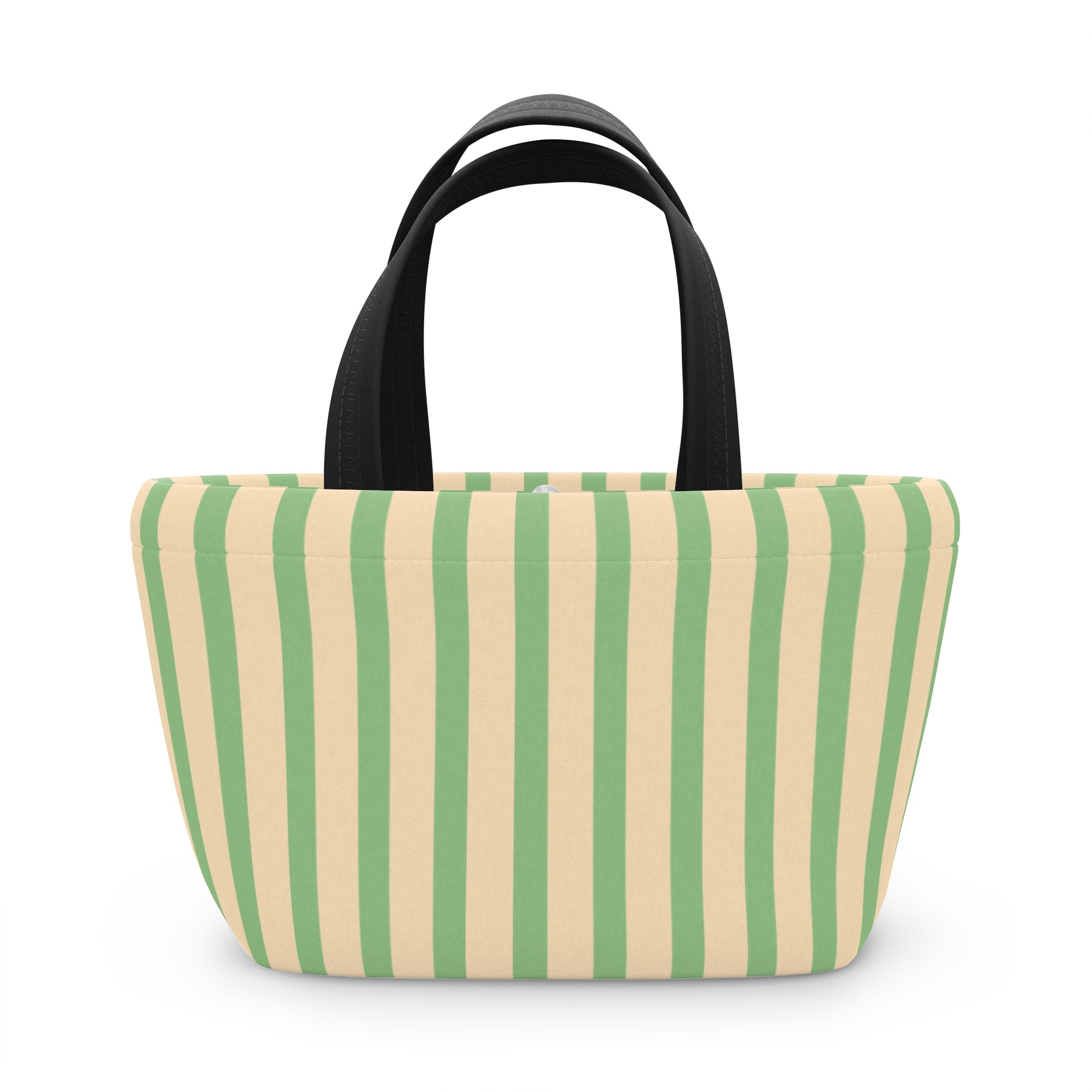 A tote bag with vertical stripes in sage green and cream, featuring black double shoulder straps, shown against a plain white background.
