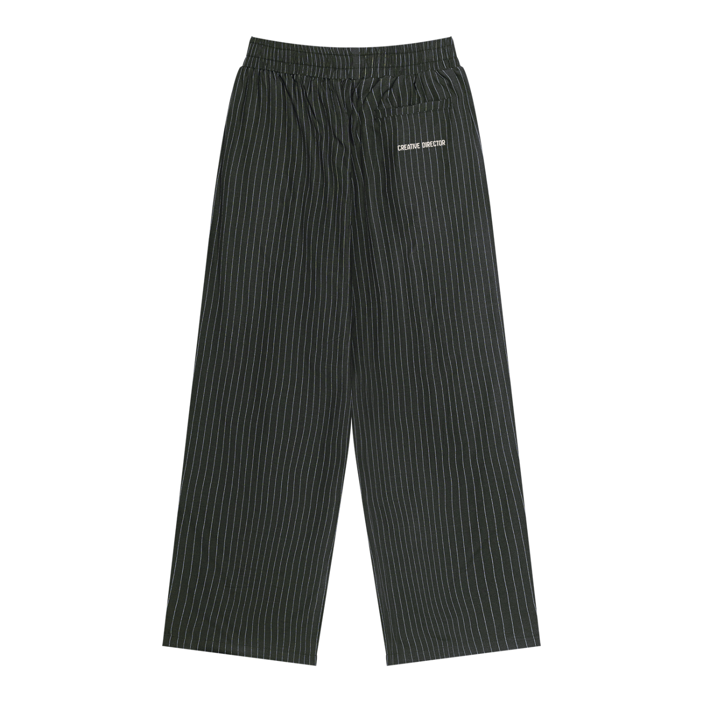 Black pinstriped lounge pants with a white embroidered logo on the upper left hip, displayed flat against a solid white background.