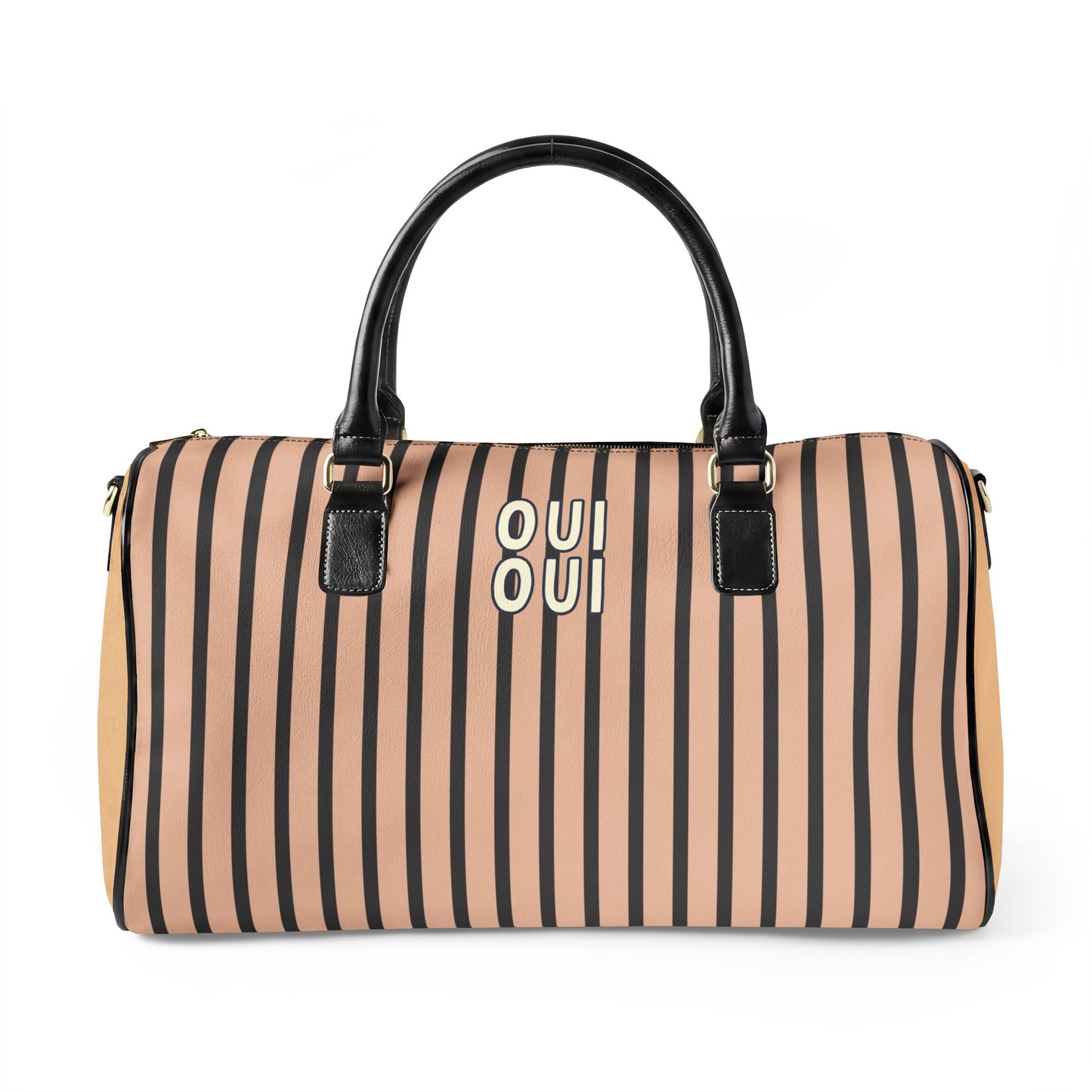 Striped duffel bag with 'OUI' branding on a white background
