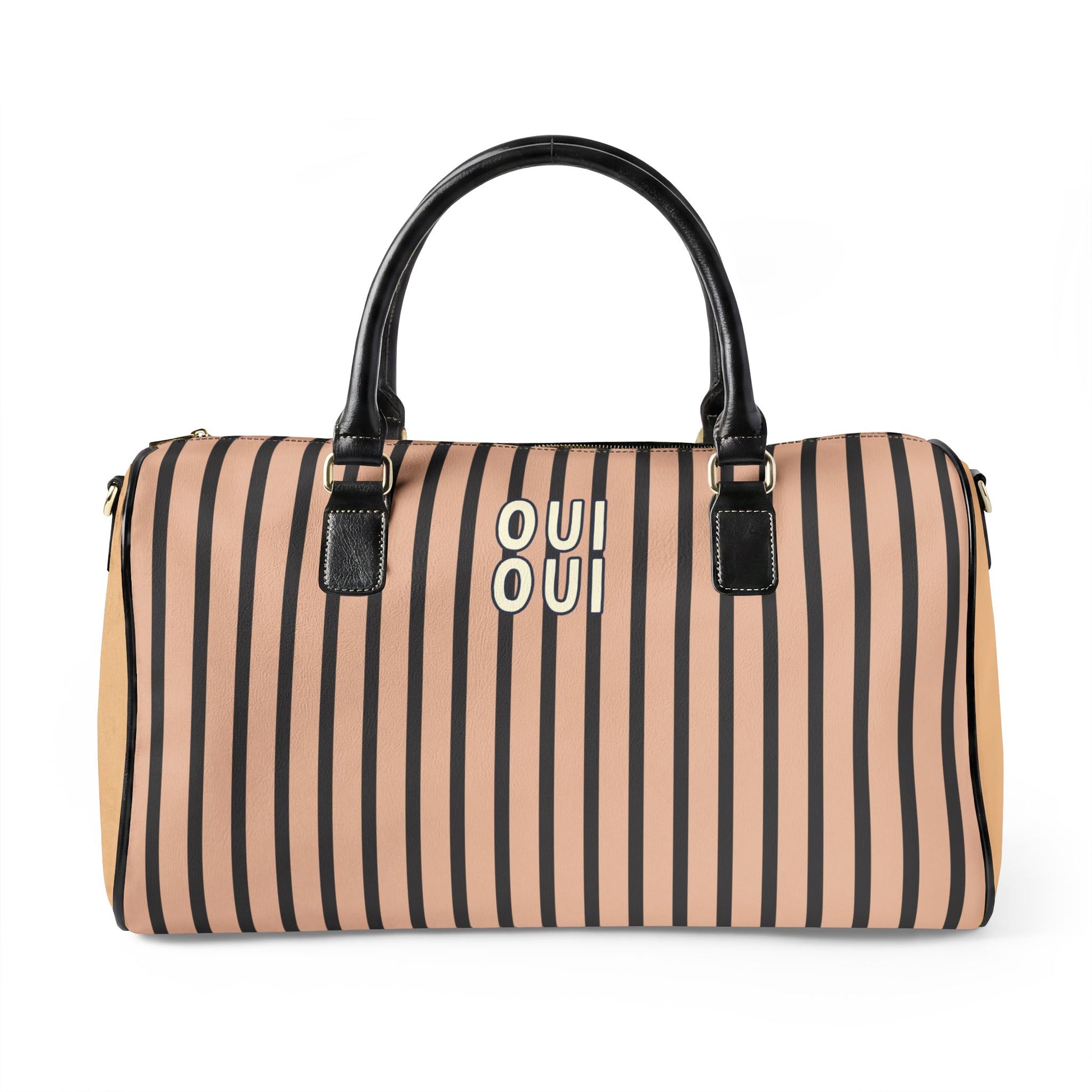 Striped duffel bag with 'OUI' branding on a white background
