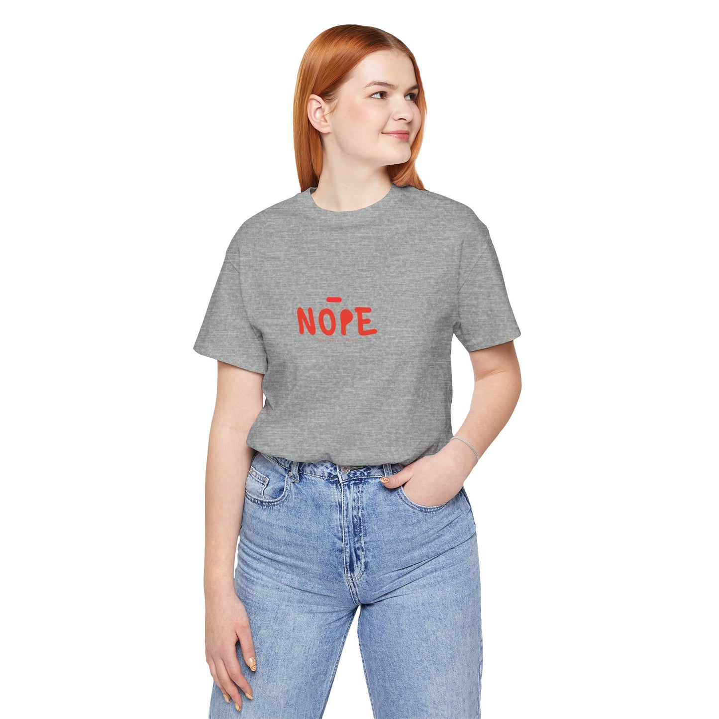 Person wearing a gray t-shirt with 'NOPE' in red text on a white background