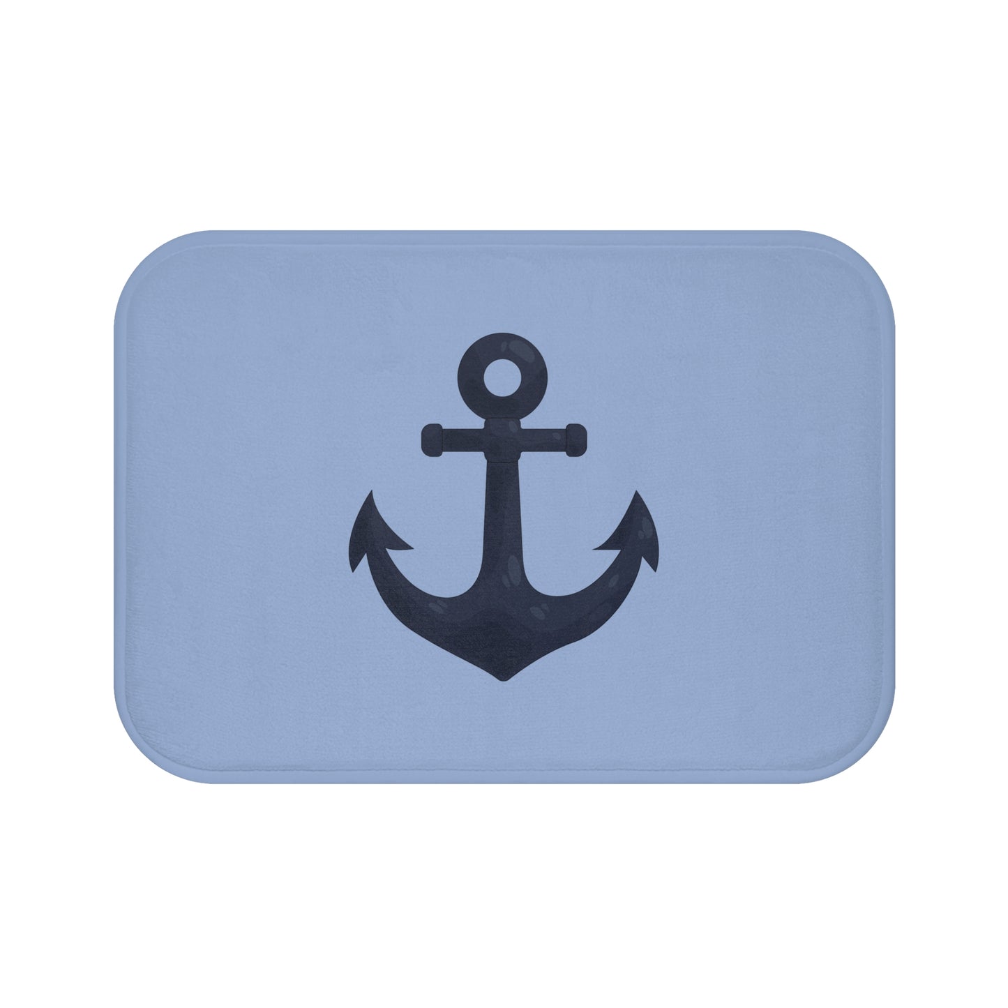 Blue bath mat with a black anchor design on a white background