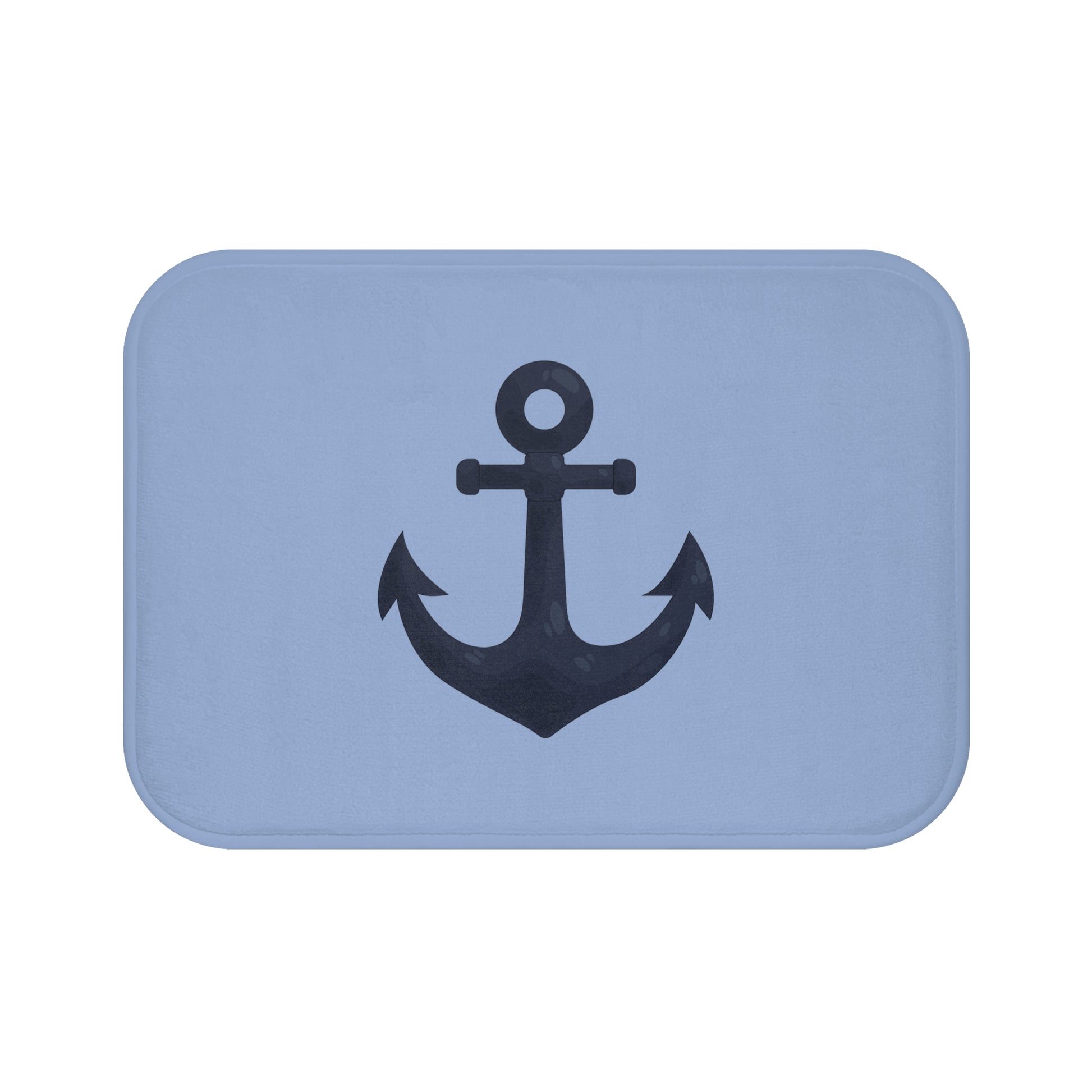 Blue bath mat with a black anchor design on a white background