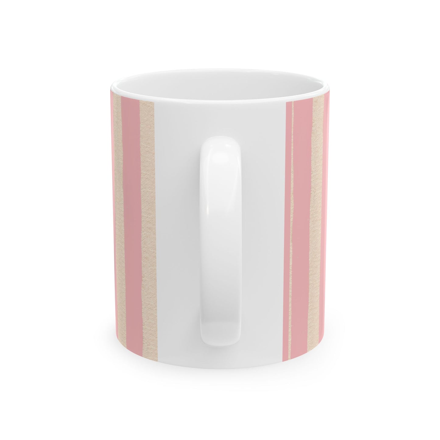 White mug with pink and beige stripes on a white background
