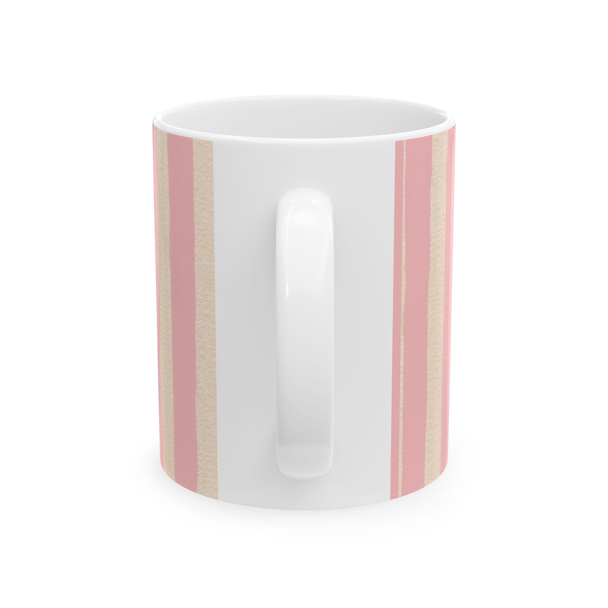 White mug with pink and beige stripes on a white background