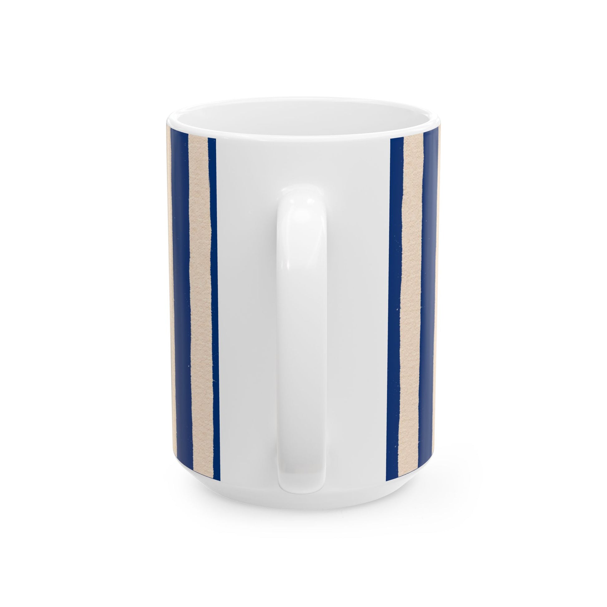 White mug with blue stripes on a white background