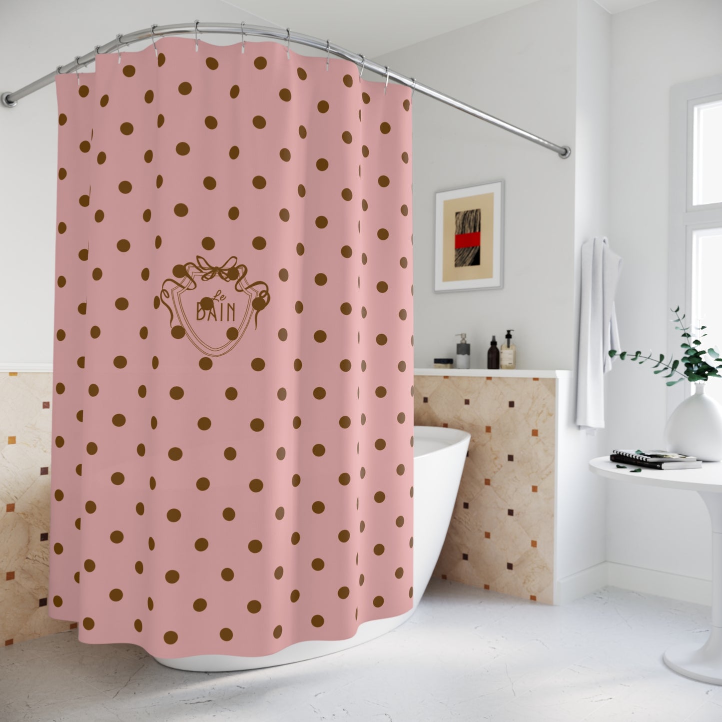 Polka Dot 'Le Bain' Shower Curtain – Pink & Brown Bathroom Decor