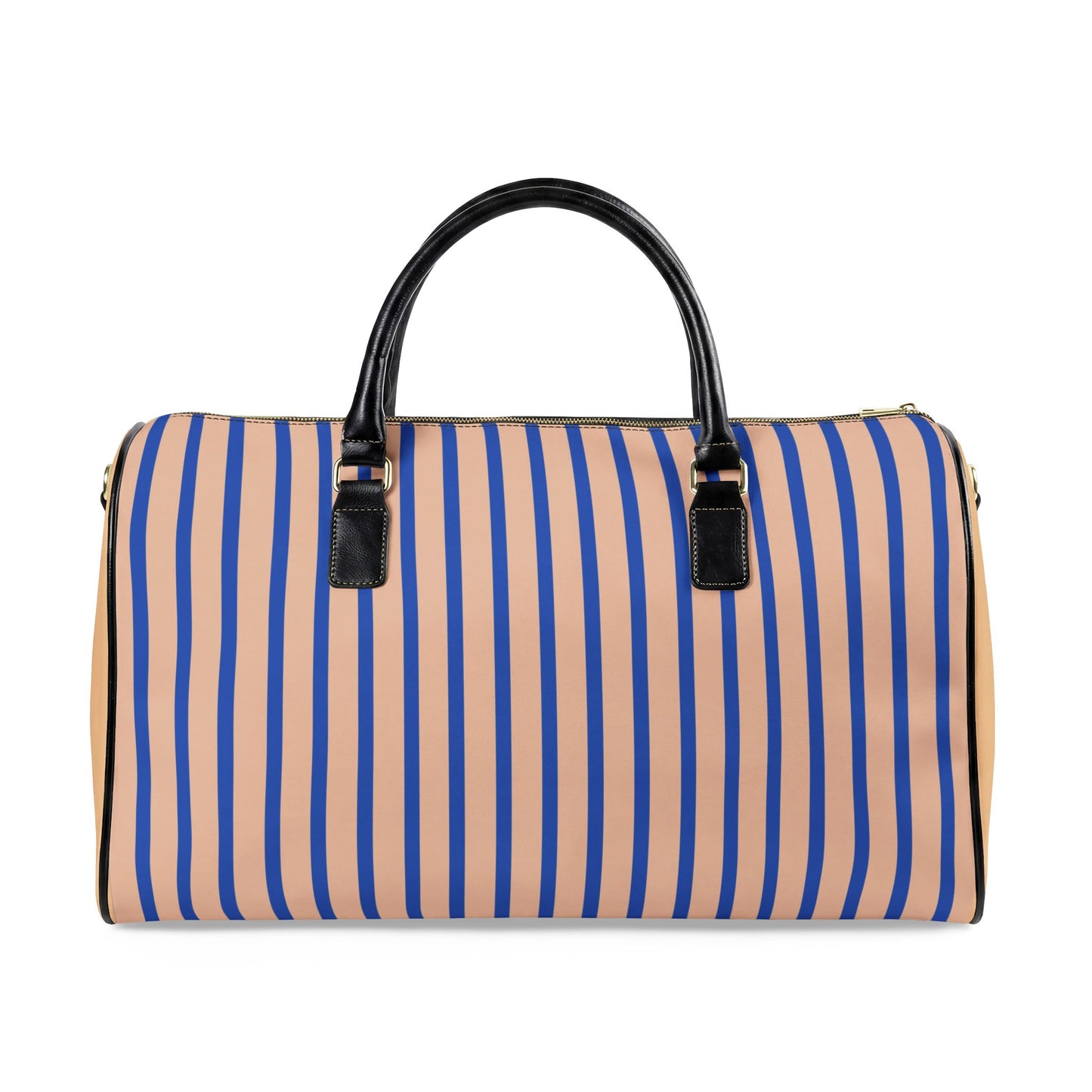 Striped duffel bag with black handles on a white background