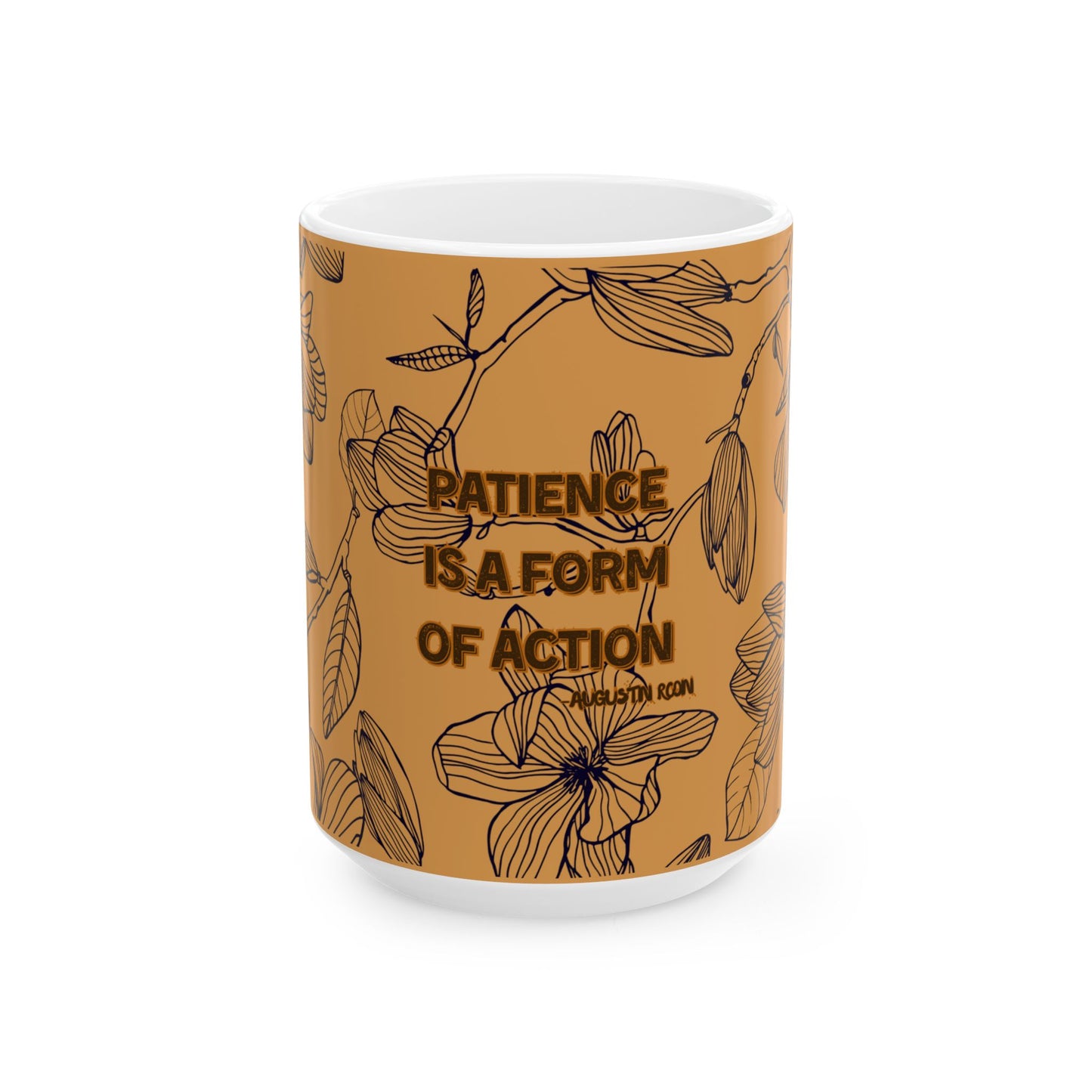 Mug with floral design and motivational quote on a white background